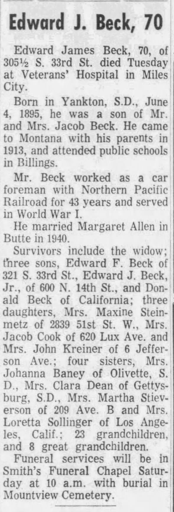 Obituary for Edward J. Beck (Aged 70)